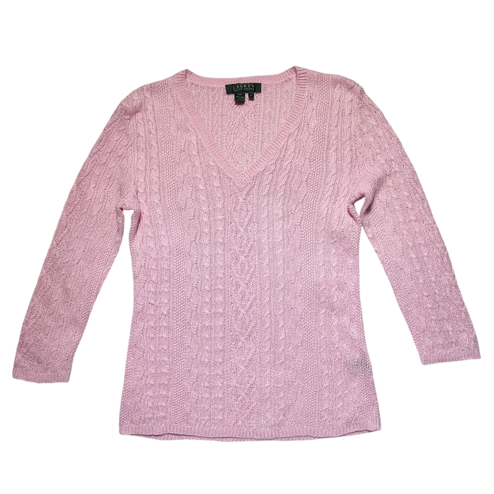 NWT Ralph Lauren Pink Cable Knit V Neck 3/4 Sleeve Sweater 100% Linen XS